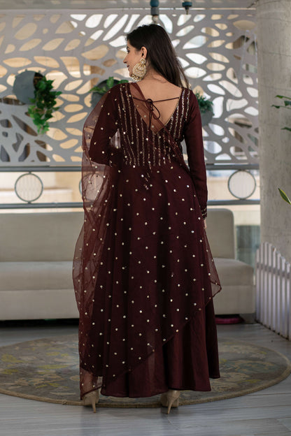 Women's Brown High Low Anarkali Set (3 Pc Set)