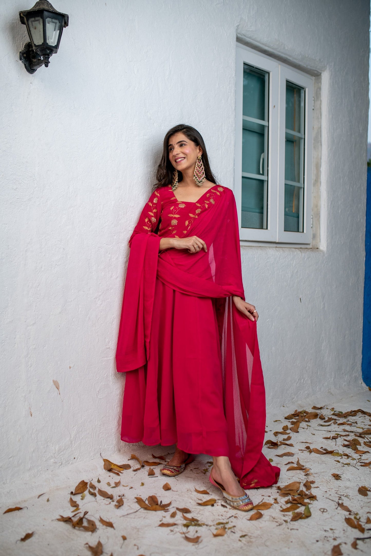 Women's Pink Floral Gold Anarkali Set