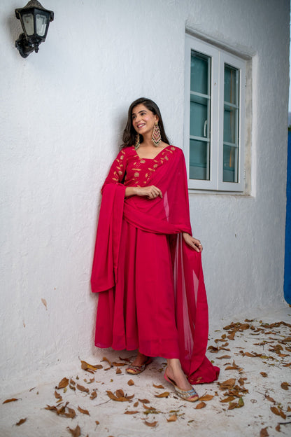 Women's Pink Floral Gold Anarkali Set