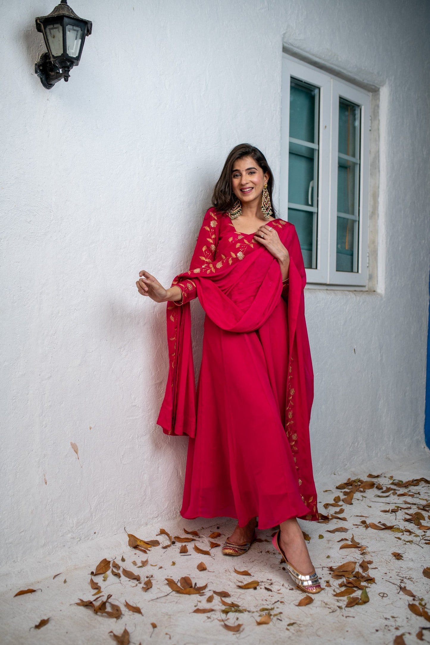 Women's Pink Floral Gold Anarkali Set