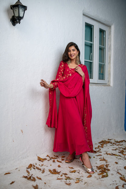 Women's Pink Floral Gold Anarkali Set