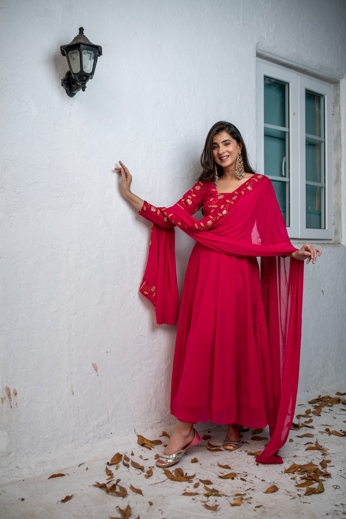 Women's Pink Floral Gold Anarkali Set