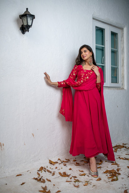 Women's Pink Floral Gold Anarkali Set