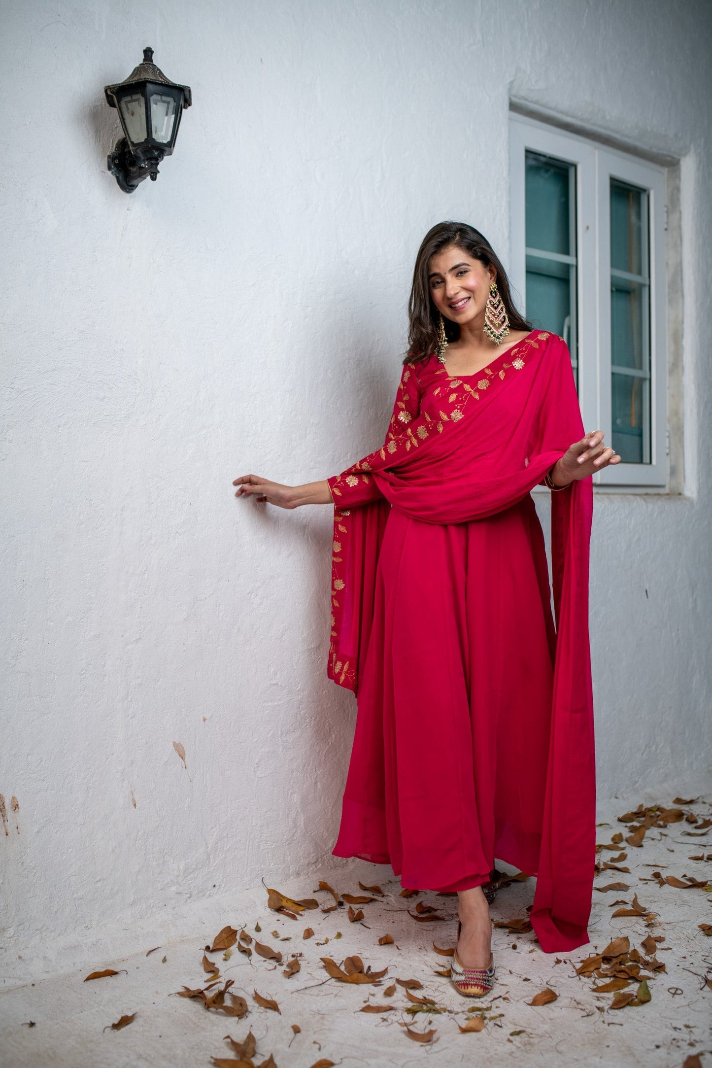 Women's Pink Floral Gold Anarkali Set