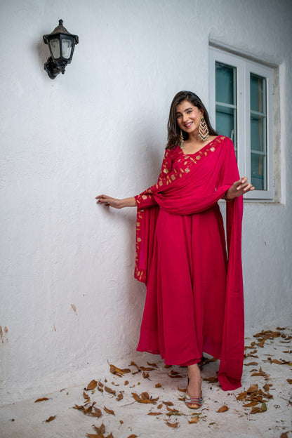 Women's Pink Floral Gold Anarkali Set
