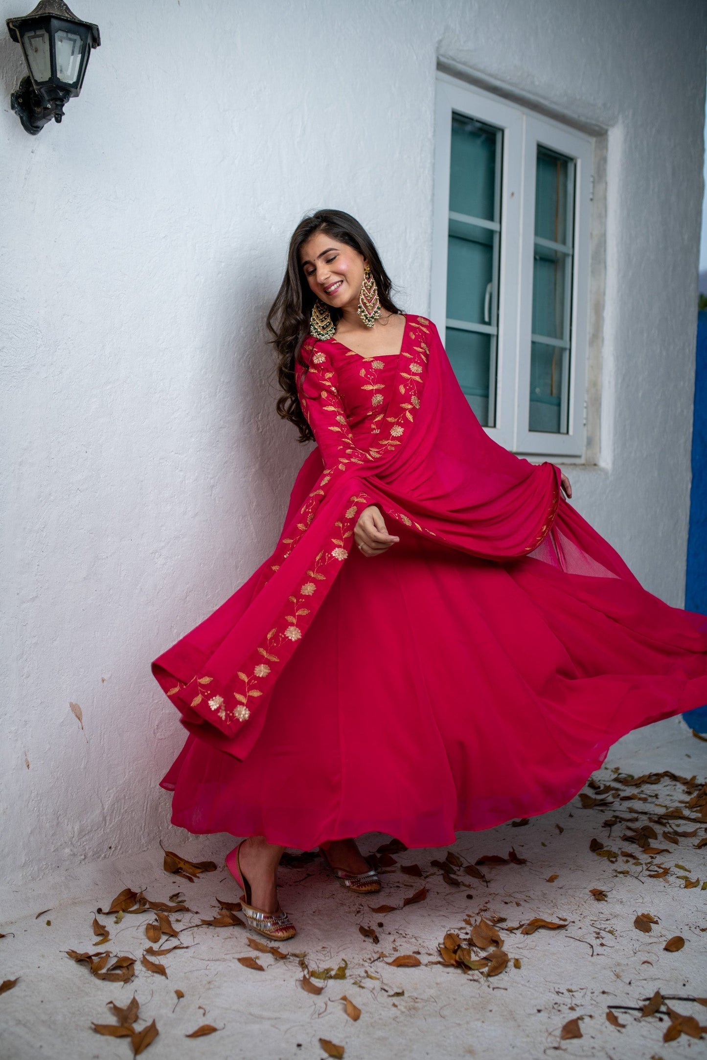 Women's Pink Floral Gold Anarkali Set