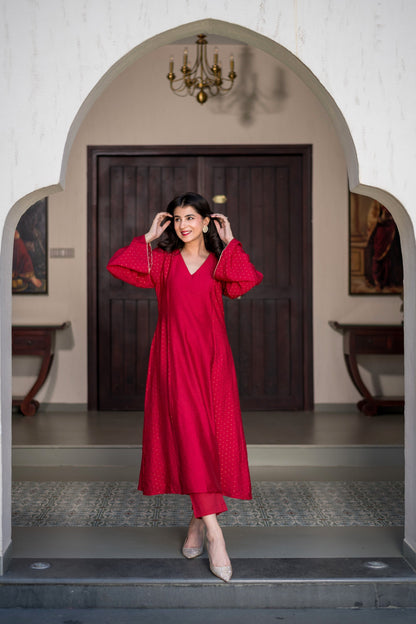 Women's Red And Gold Chanderi Kurta Set