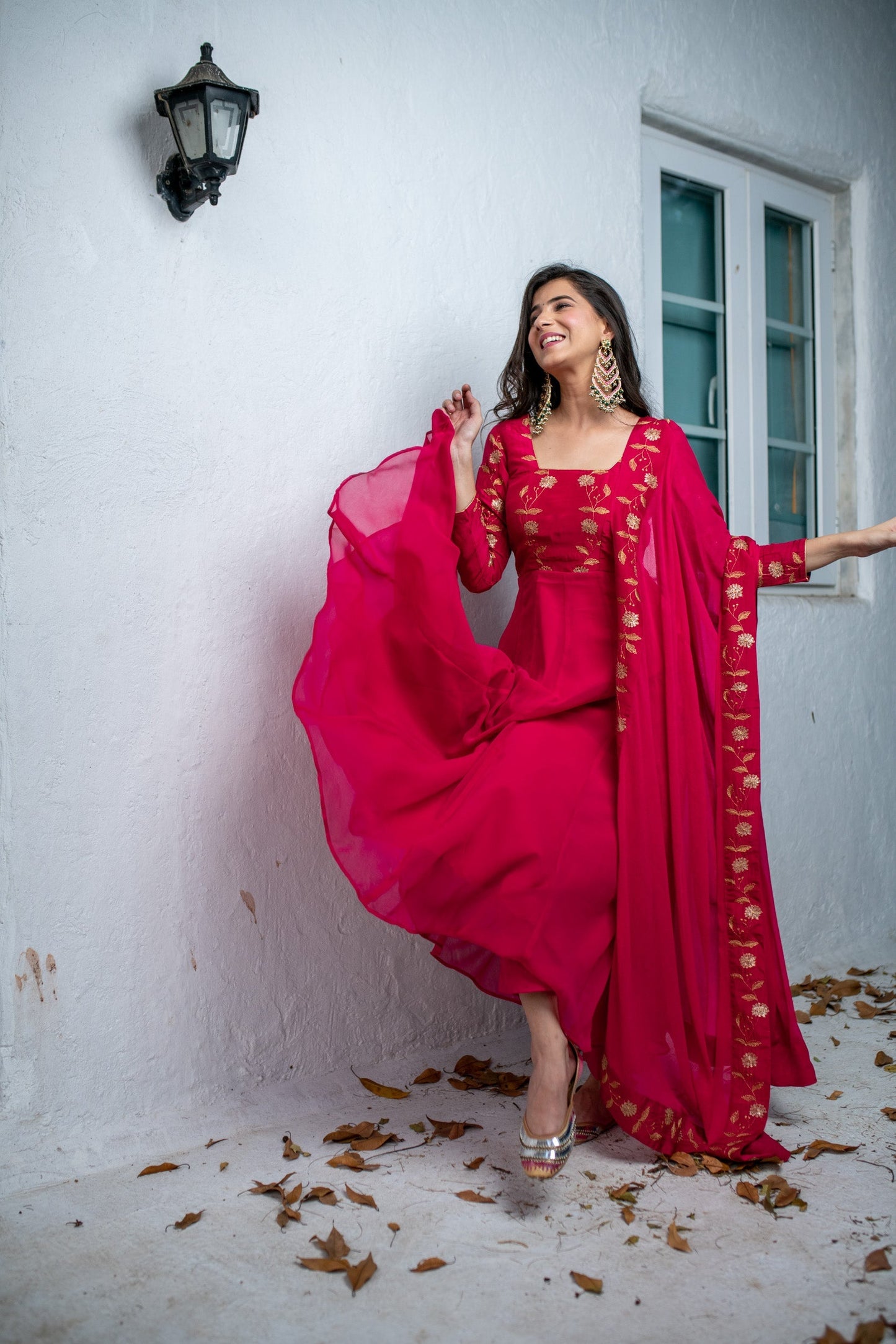 Women's Pink Floral Gold Anarkali Set
