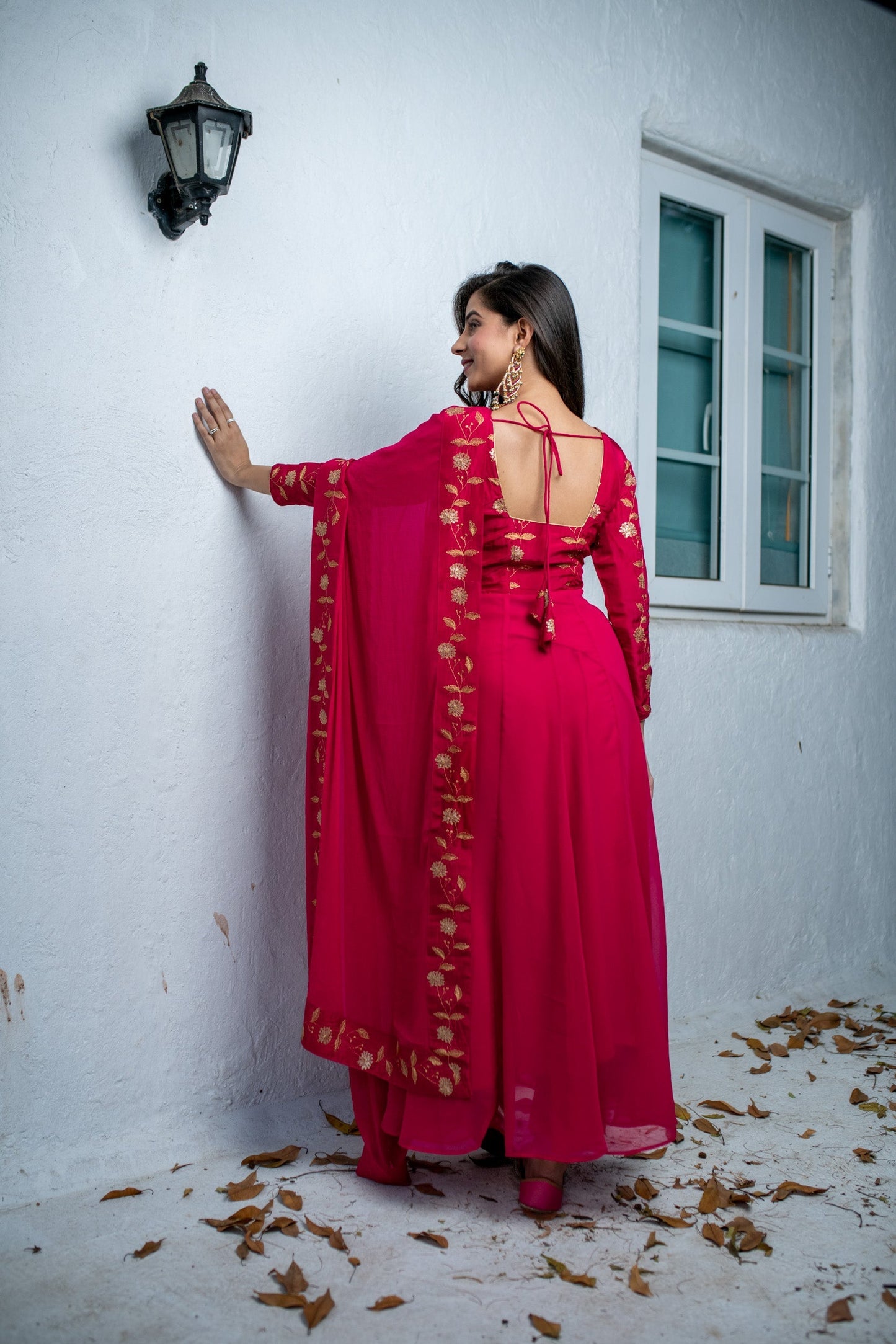 Women's Pink Floral Gold Anarkali Set