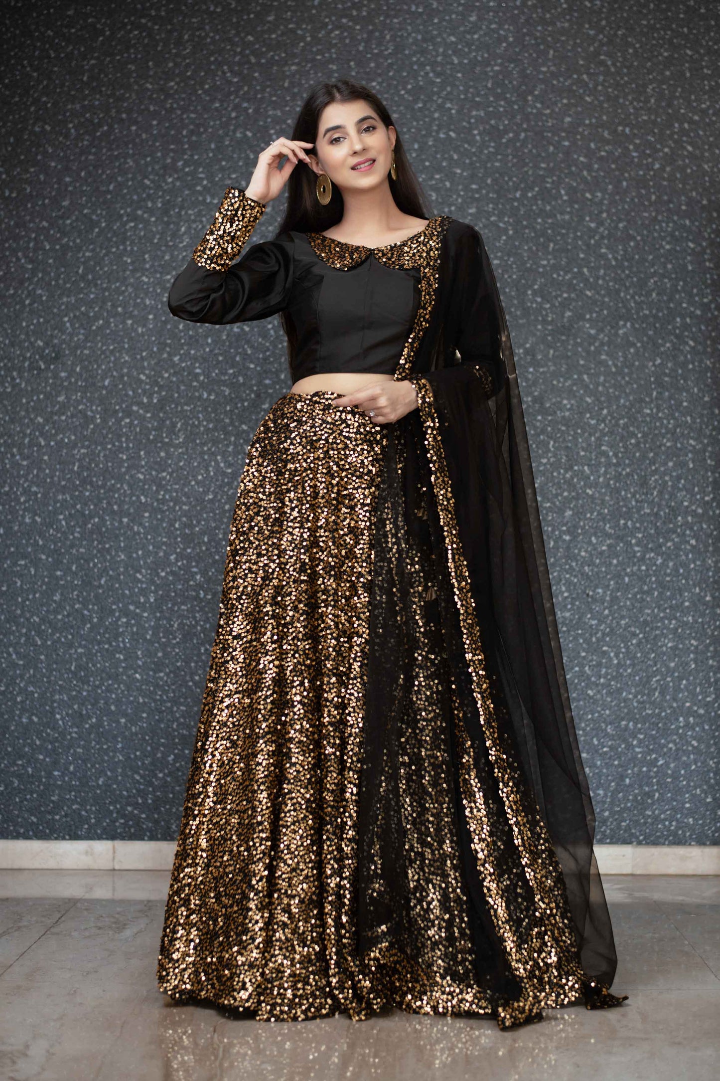 Women's Black And Gold Lehenga Set
