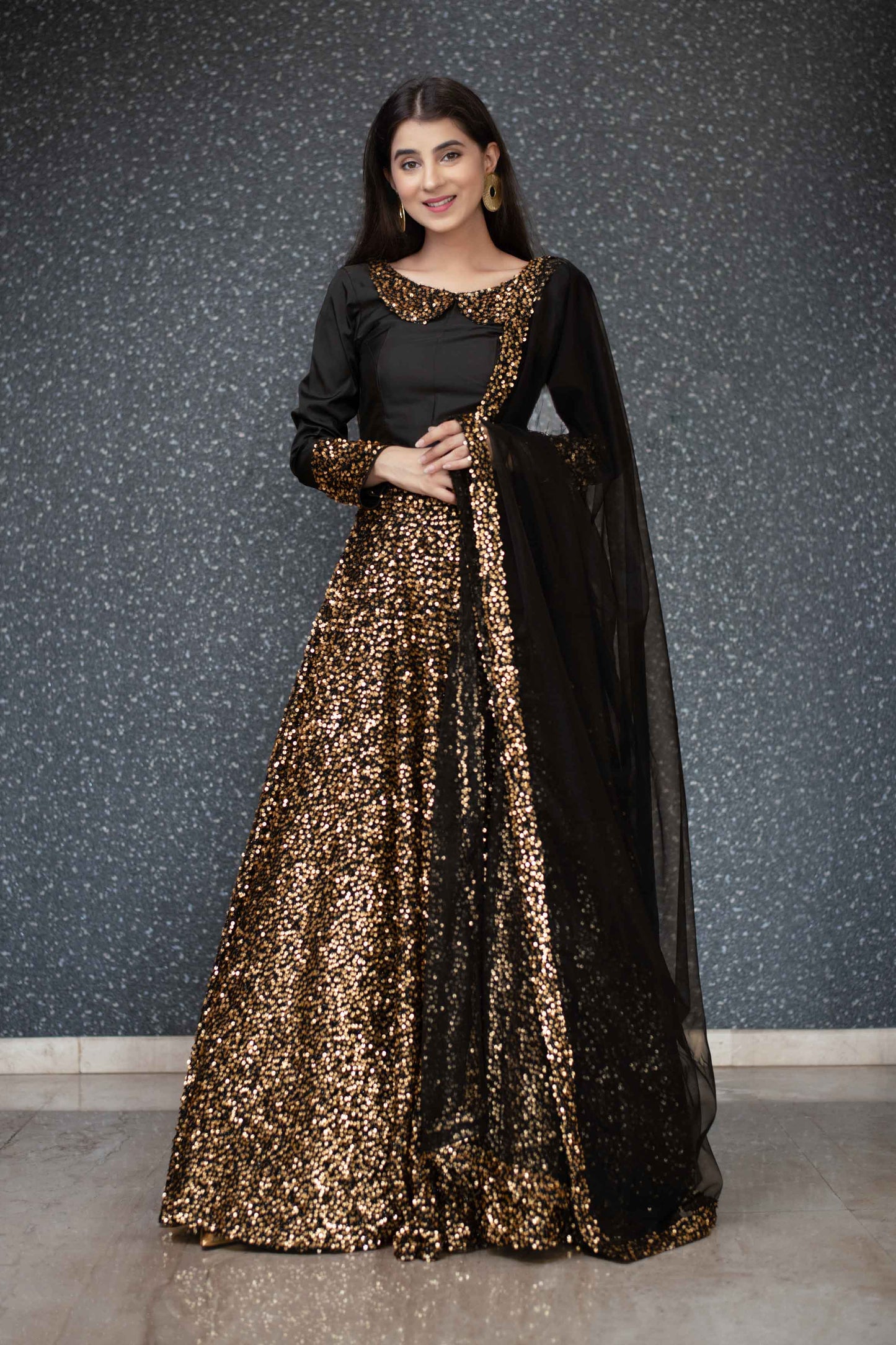 Women's Black And Gold Lehenga Set