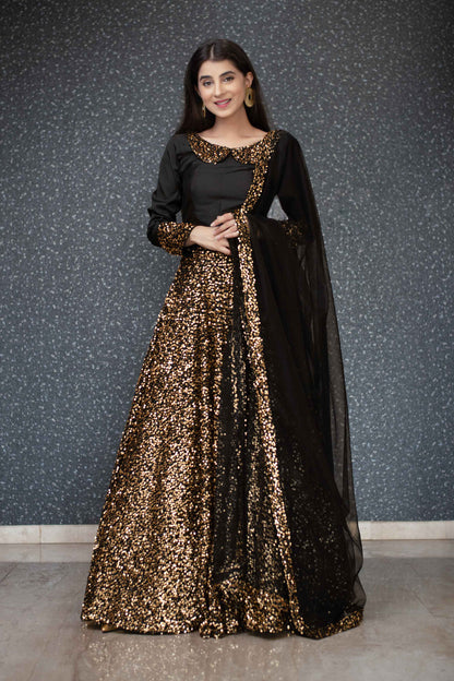 Women's Black And Gold Lehenga Set
