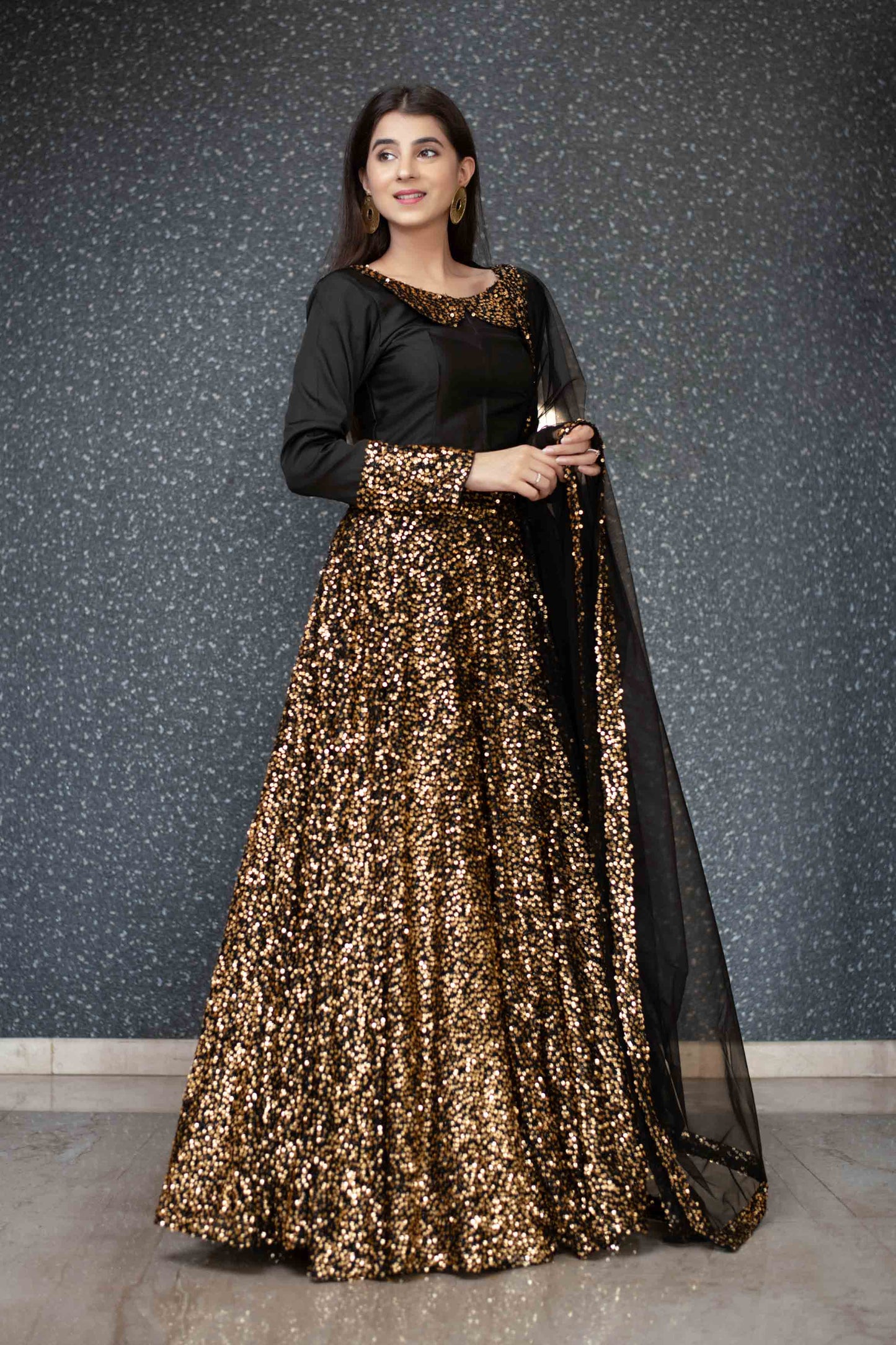 Women's Black And Gold Lehenga Set