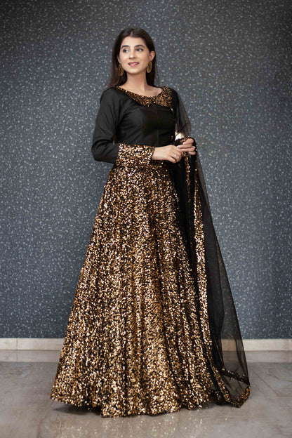 Women's Black And Gold Lehenga Set