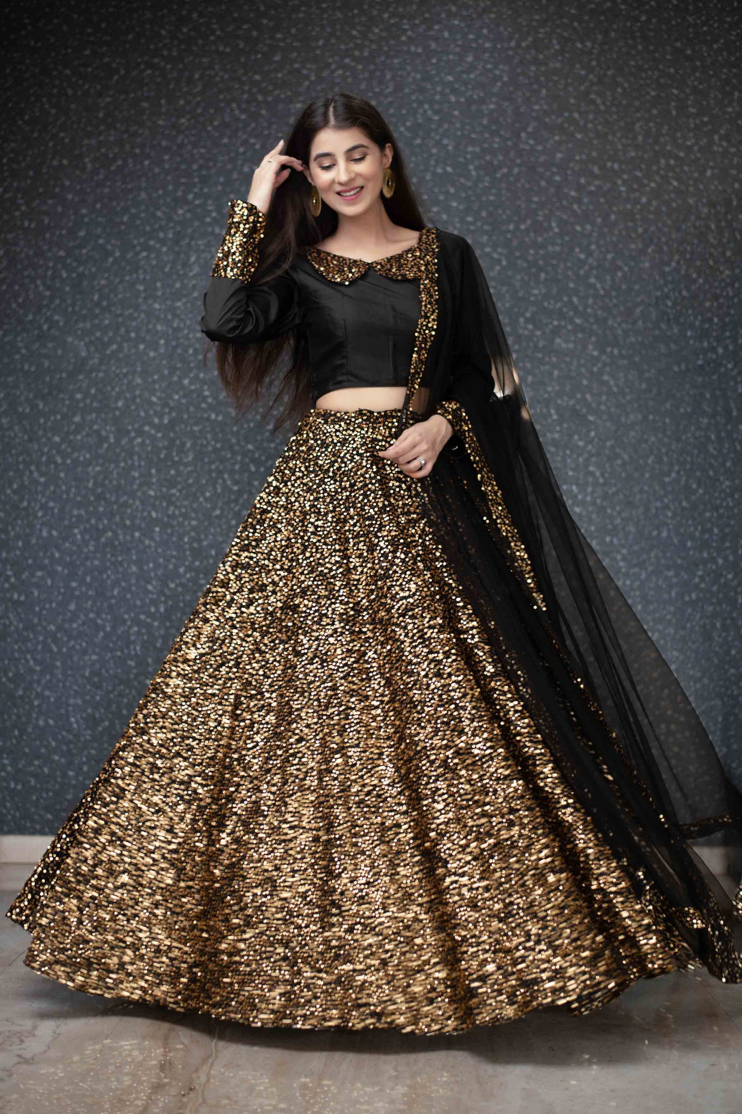 Women's Black And Gold Lehenga Set