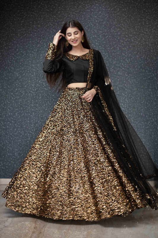 Women's Black And Gold Lehenga Set