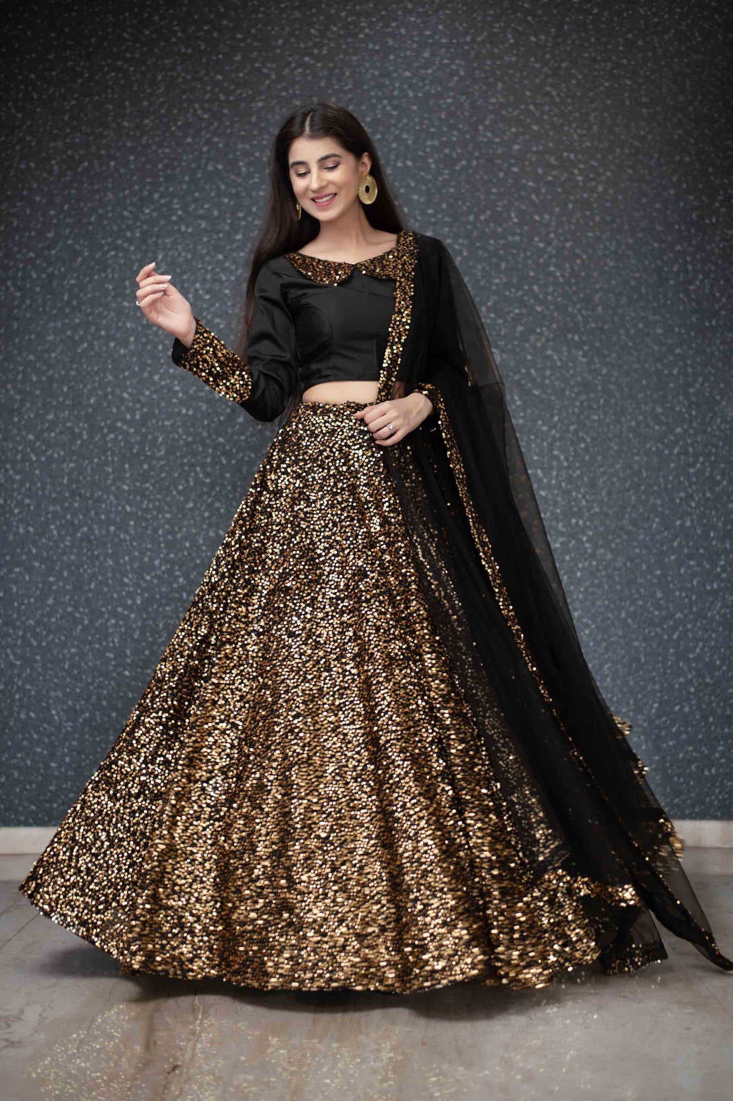 Women's Black And Gold Lehenga Set