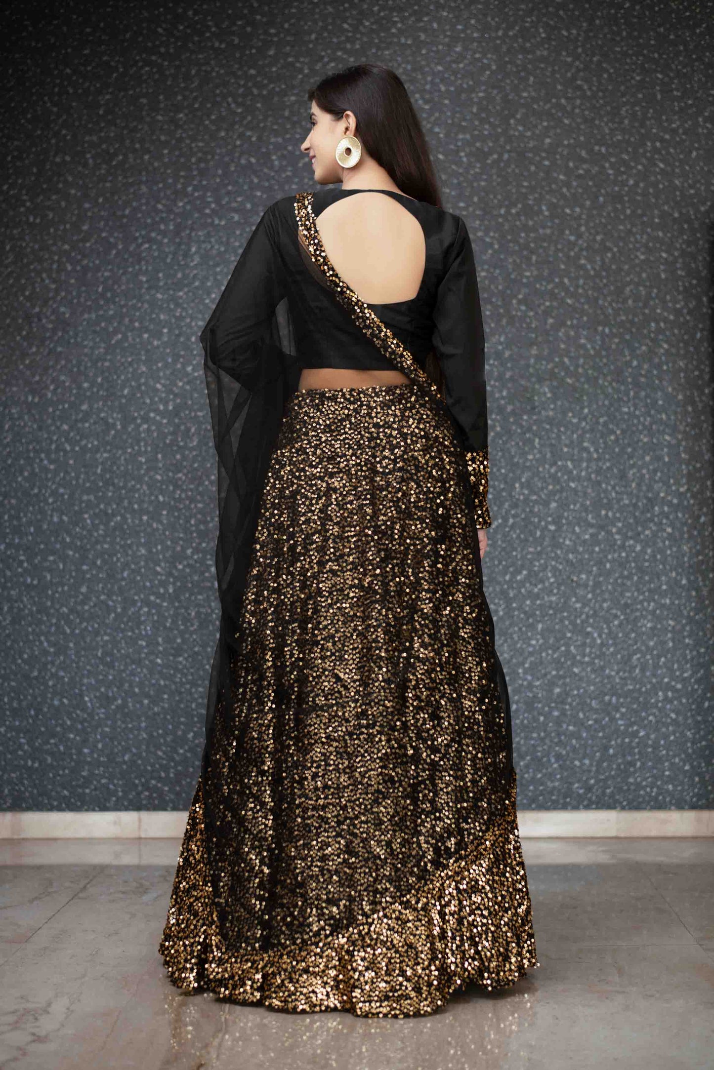 Women's Black And Gold Lehenga Set
