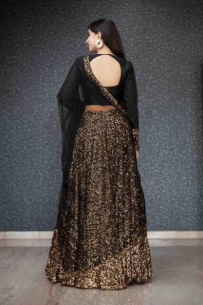 Women's Black And Gold Lehenga Set