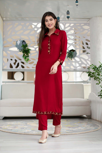 Women's Maroon Sequin Work Kurta Set (2pcs set)