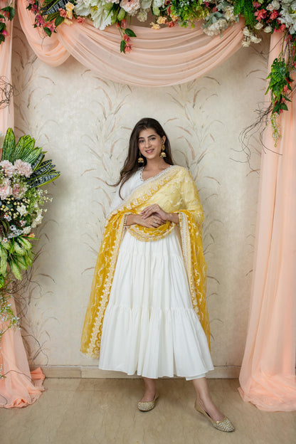 Women's White 3-Tiered Kurta With Dupatta
