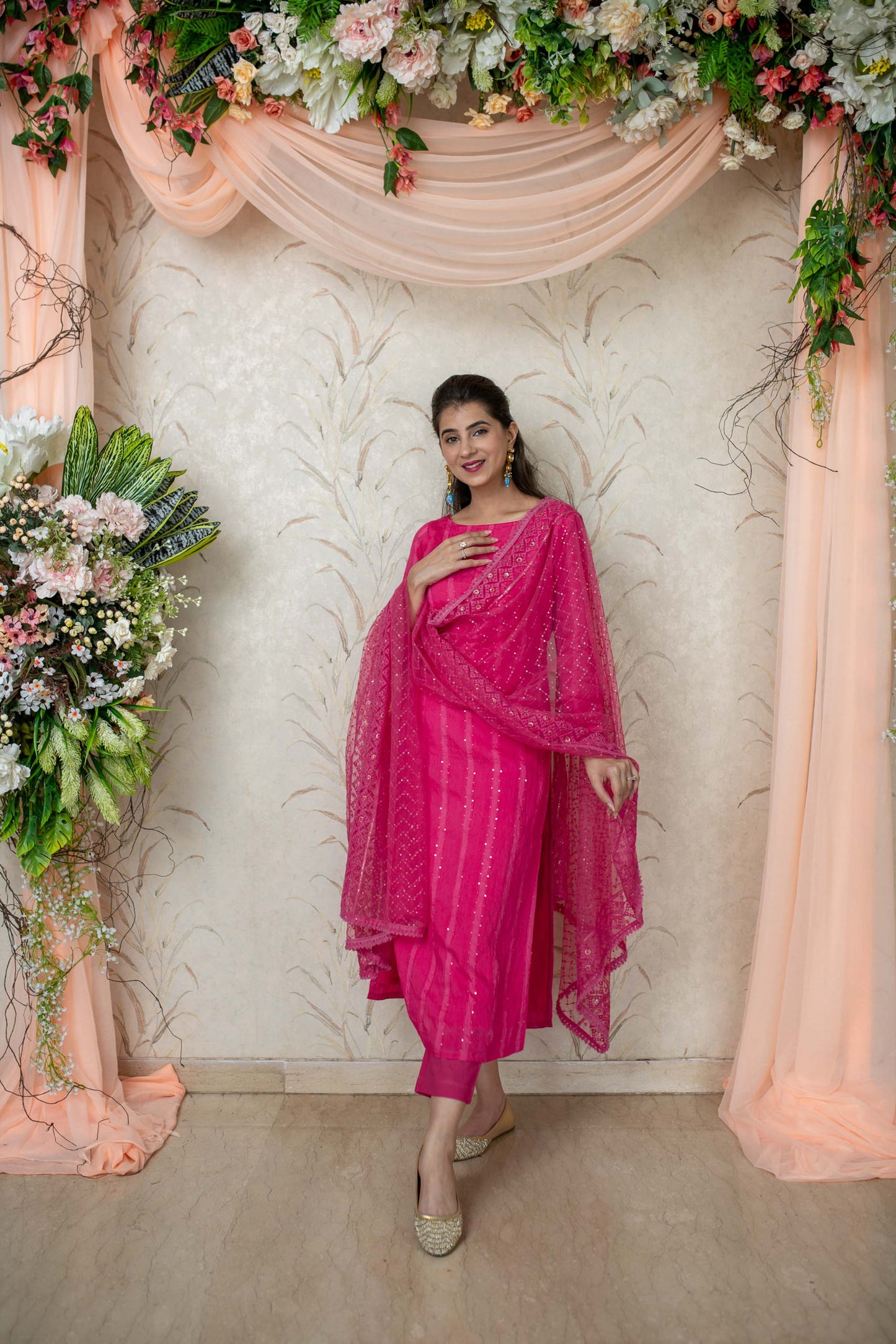 Women's Pink Chanderi Kurta Set