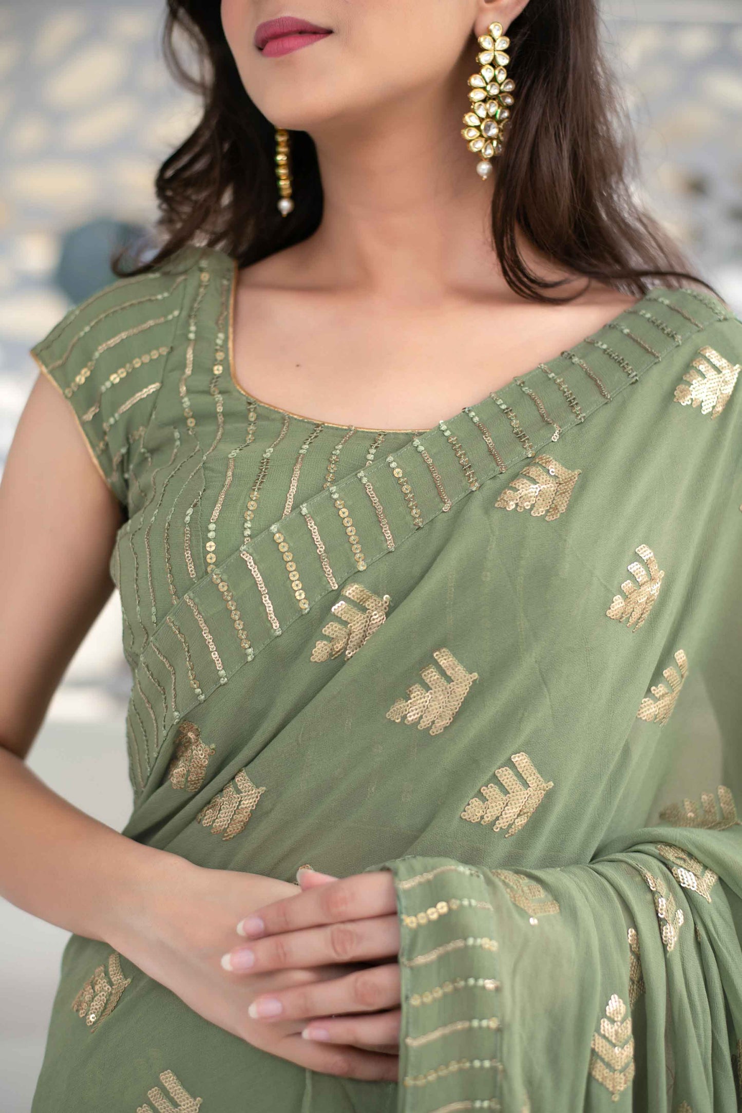 Women's Olive Green Sequin Saree (2pcs set)