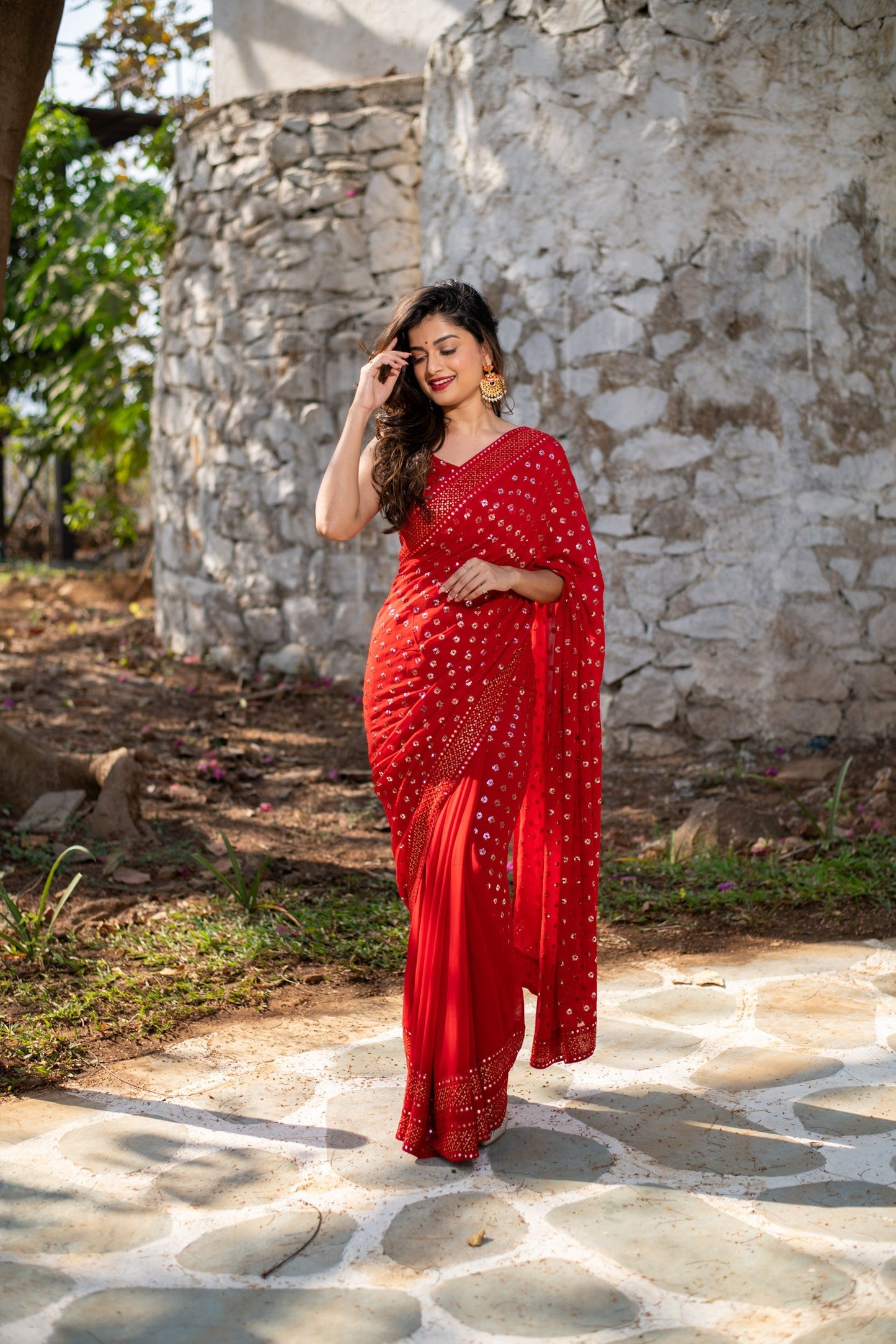 Women's Red Heavy Sequin Saree