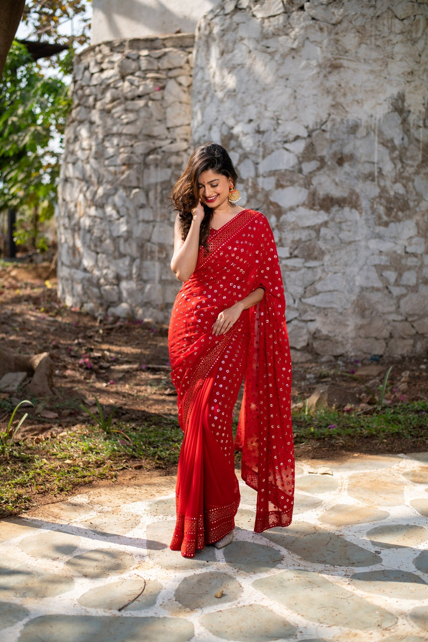 Women's Red Heavy Sequin Saree