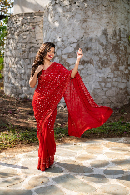Women's Red Heavy Sequin Saree