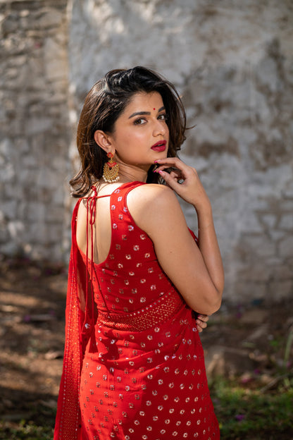 Women's Red Heavy Sequin Saree