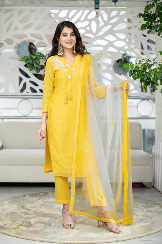 Women's Yellow Chanderi Hand Work Kurta Set (3pc Set)
