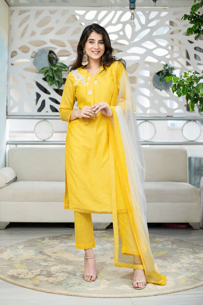 Women's Yellow Chanderi Hand Work Kurta Set (3pc Set)