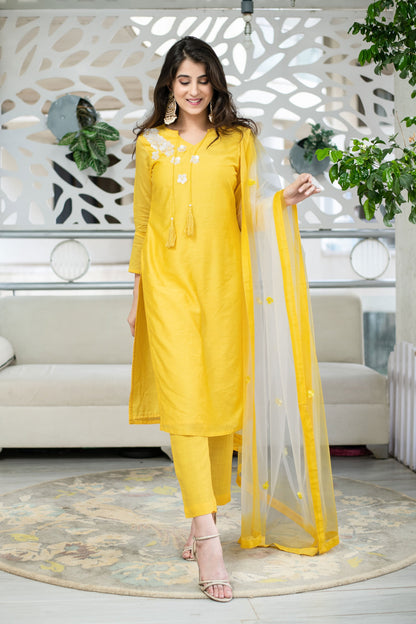 Women's Yellow Chanderi Hand Work Kurta Set (3pc Set)