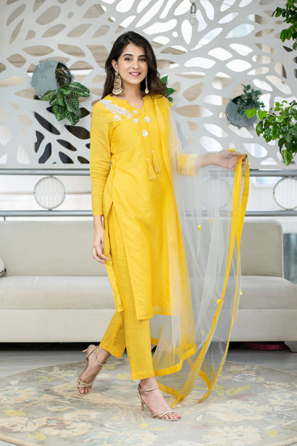 Women's Yellow Chanderi Hand Work Kurta Set (3pc Set)