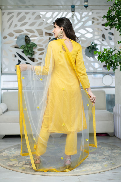 Women's Yellow Chanderi Hand Work Kurta Set (3pc Set)