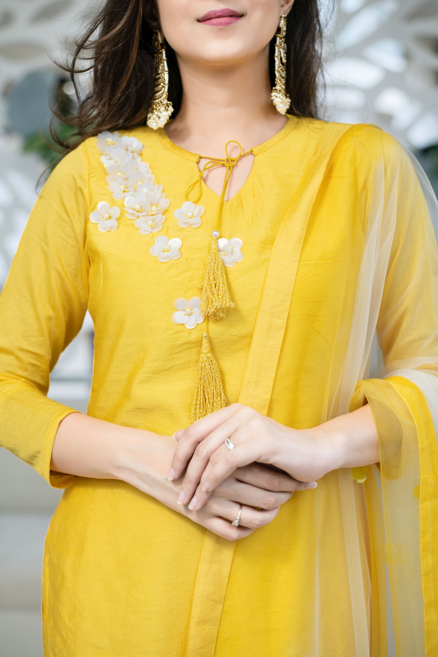 Women's Yellow Chanderi Hand Work Kurta Set (3pc Set)