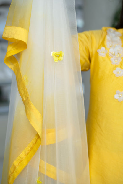 Women's Yellow Chanderi Hand Work Kurta Set (3pc Set)