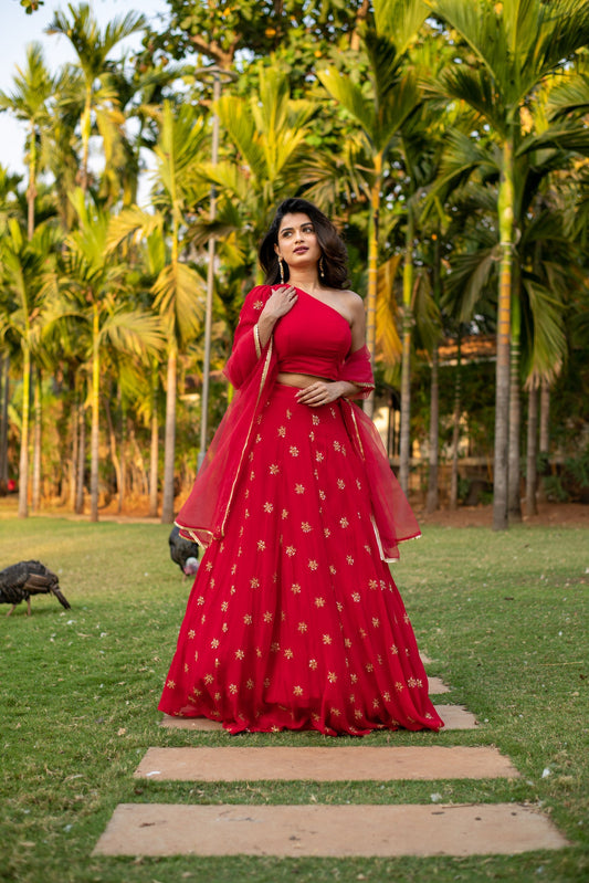 Women's Red one shoulder Lehenga