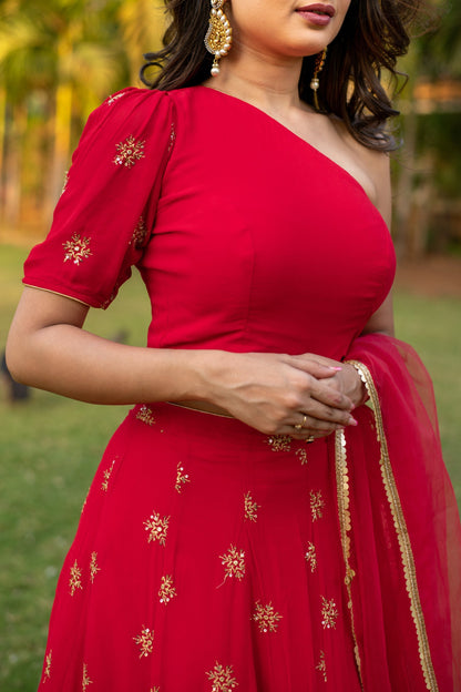 Women's Red one shoulder Lehenga