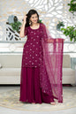 Women's Wine Thread Work Kurta With Palazzo Set (3pc Set)