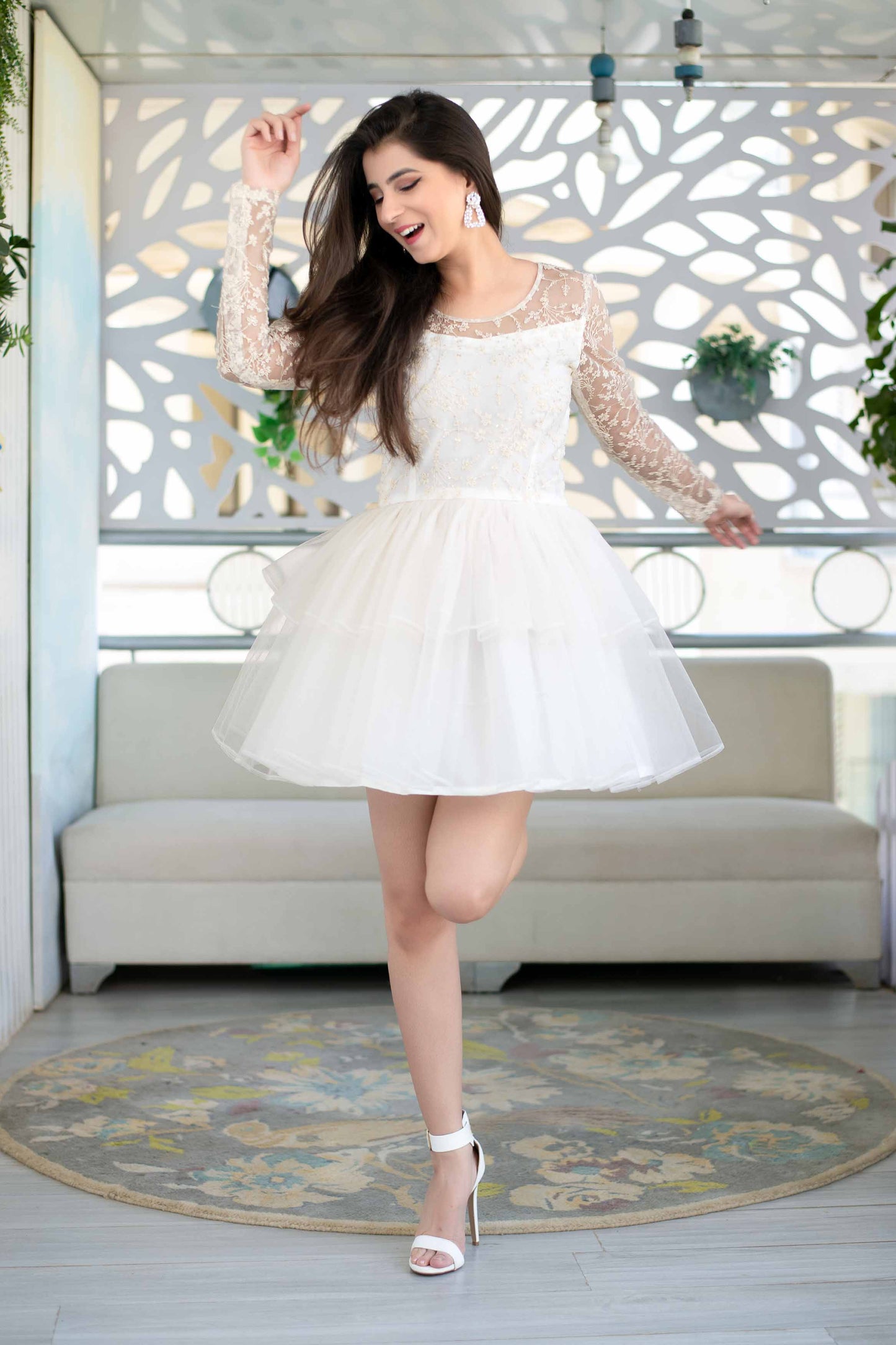 Women's Off White Ruffle Fit And Flare Short Dress (1pc)