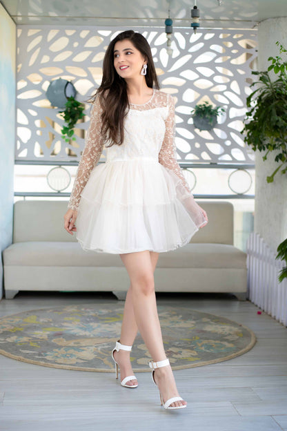 Women's Off White Ruffle Fit And Flare Short Dress (1pc)