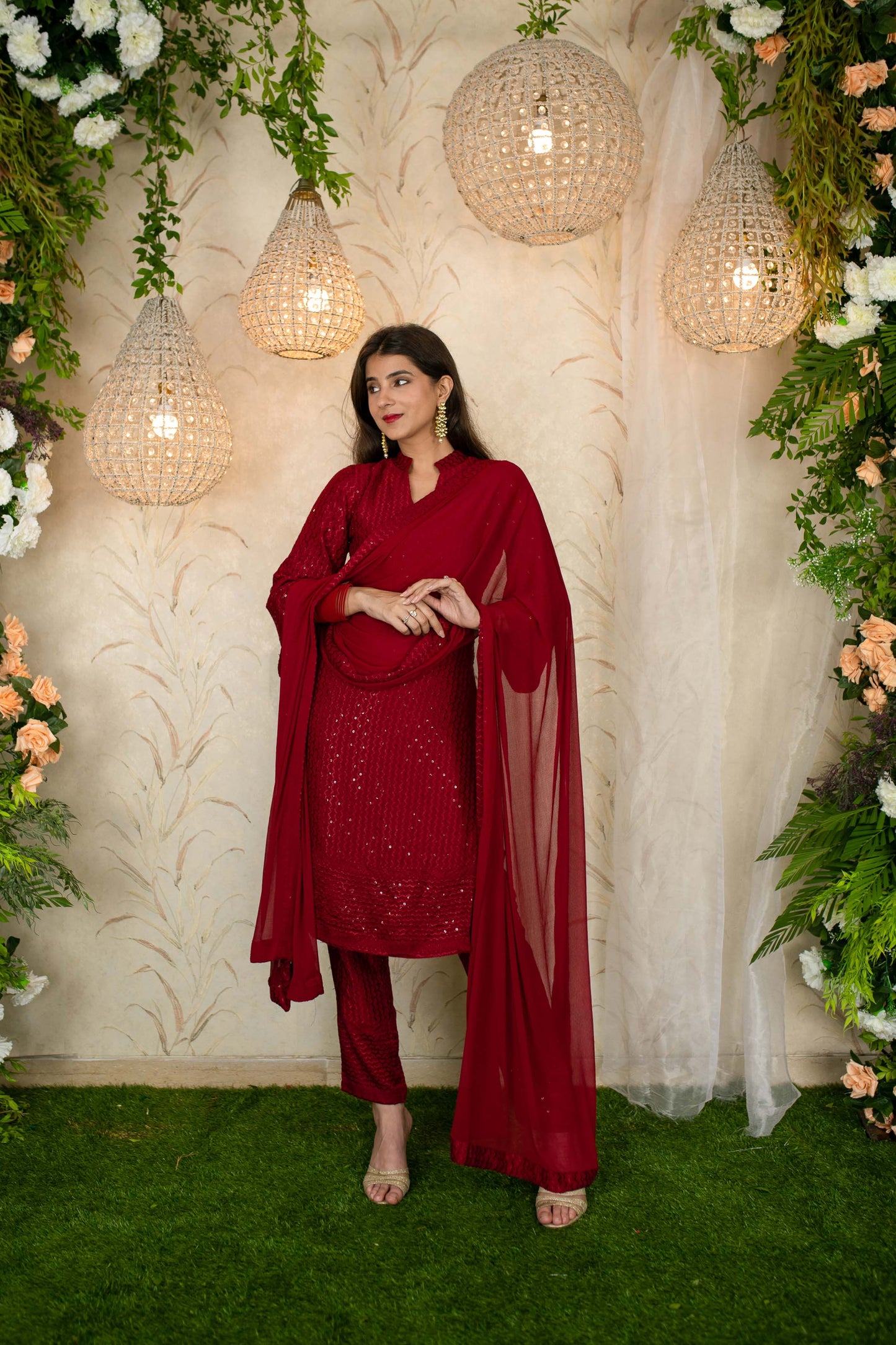 Women's Dark Red Thread Work Kurta