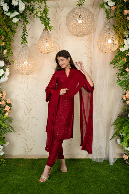 Women's Dark Red Thread Work Kurta