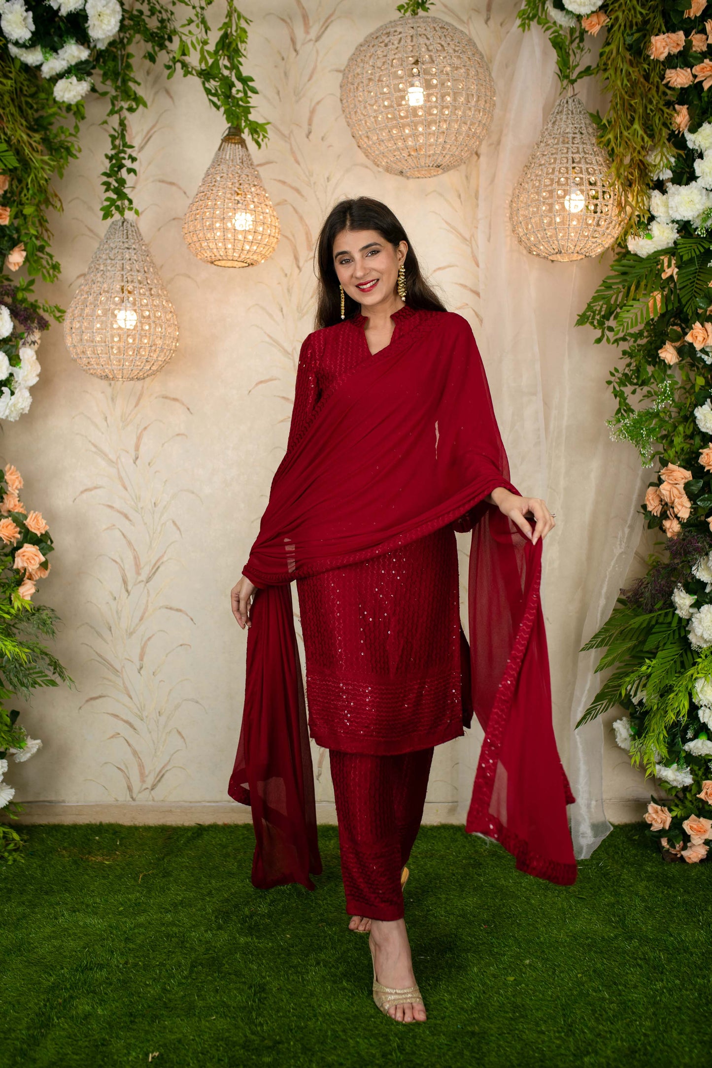 Women's Dark Red Thread Work Kurta