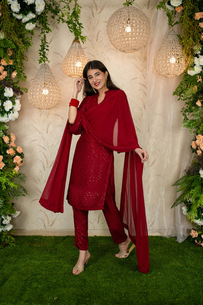 Women's Dark Red Thread Work Kurta