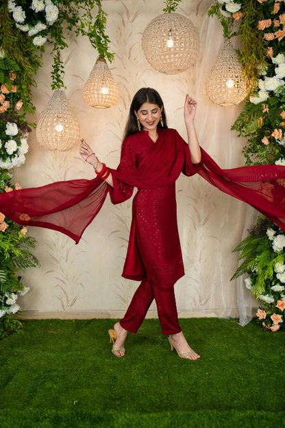 Women's Dark Red Thread Work Kurta