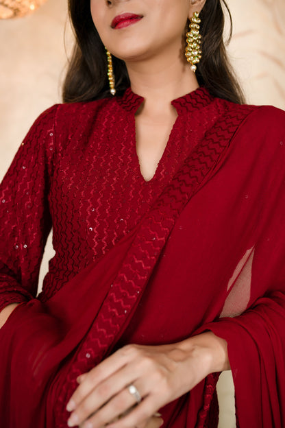 Women's Dark Red Thread Work Kurta