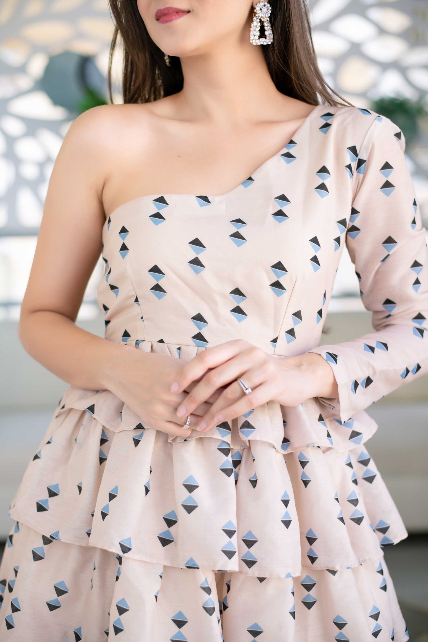 Women's One Shoulder Beige Ruffle Fit And Flare Short Dress (1pc set)